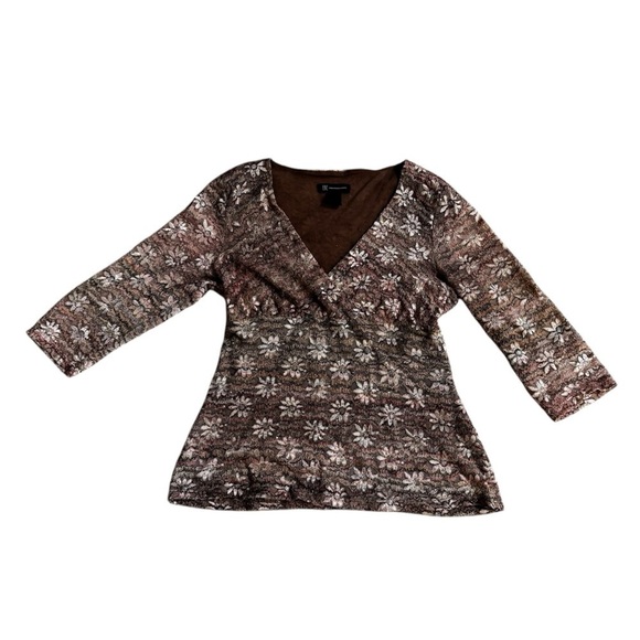 INC International Concepts Tops - INC International Concepts floral V-Neck blouse, cream silver gold, stretchy, L.